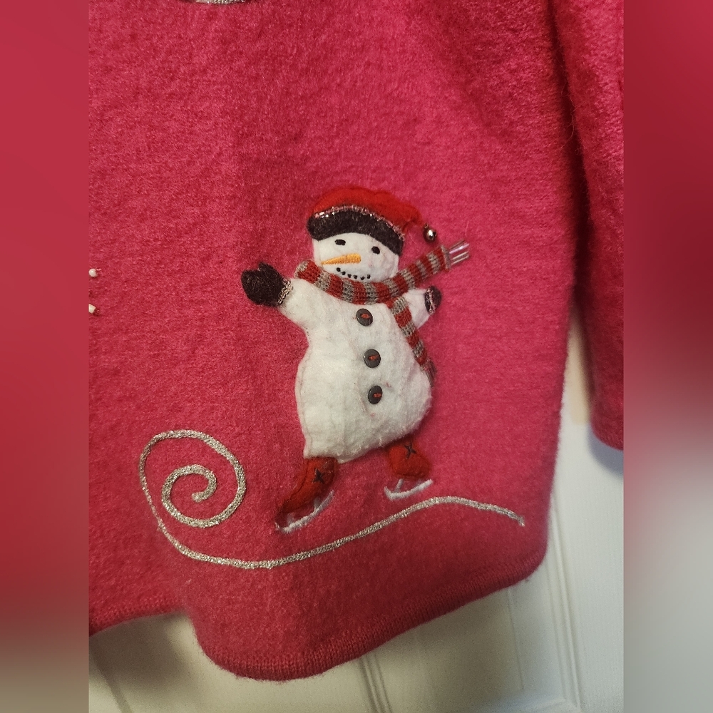 Quacker Factory Sweater 2XL Cardigan Christmas Snowman Wool embellished - Picture 5 of 10
